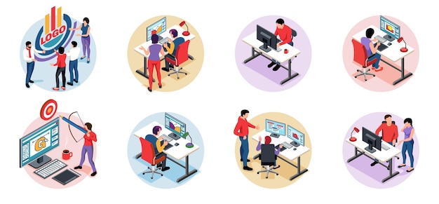 Free Vector design studio compositions set with male and female designers working on computers in office isometric isolated vector illustration