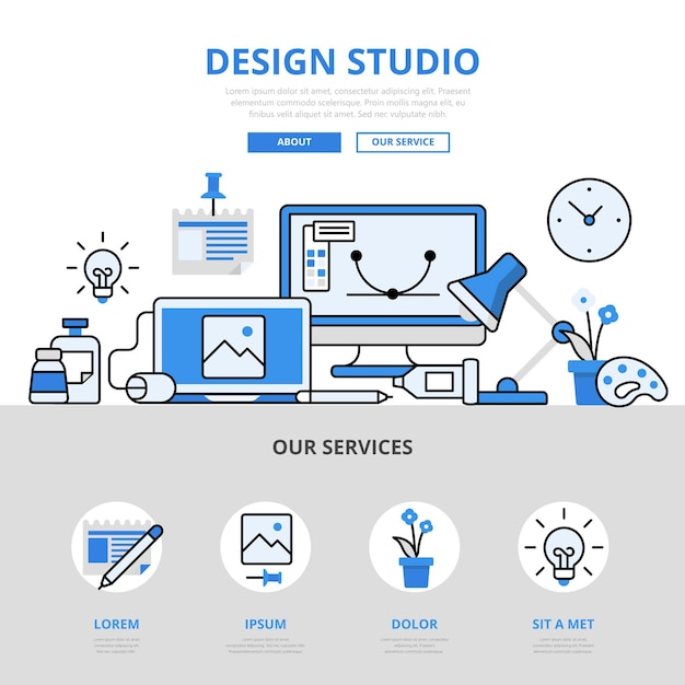 Design studio workplace device portfolio concept flat line style.