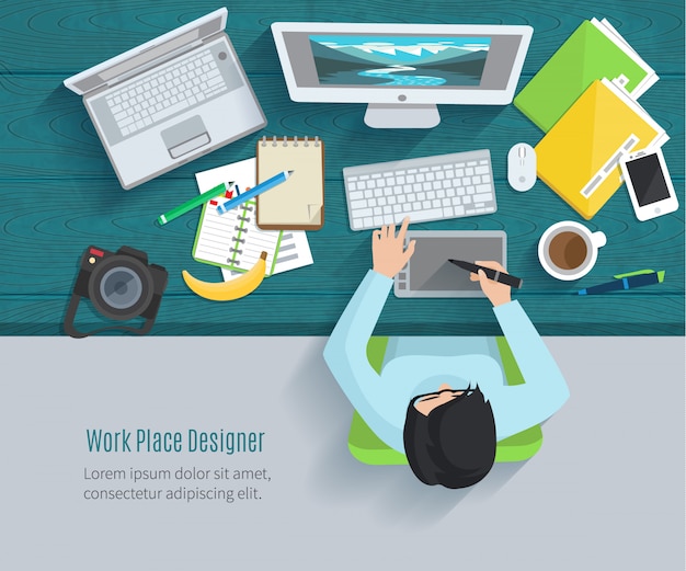 Designer workplace flat with top view woman at table and design gadgets