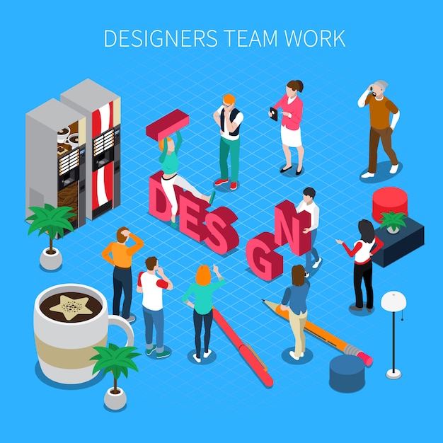 Designers teamwork isometric illustration with shoes and boots