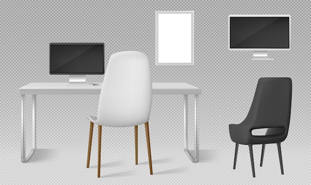 Free Vector desk, monitor, chairs and blank picture frame isolated. vector realistic set of modern furniture, table, chair and computer screen for workplace in office or home