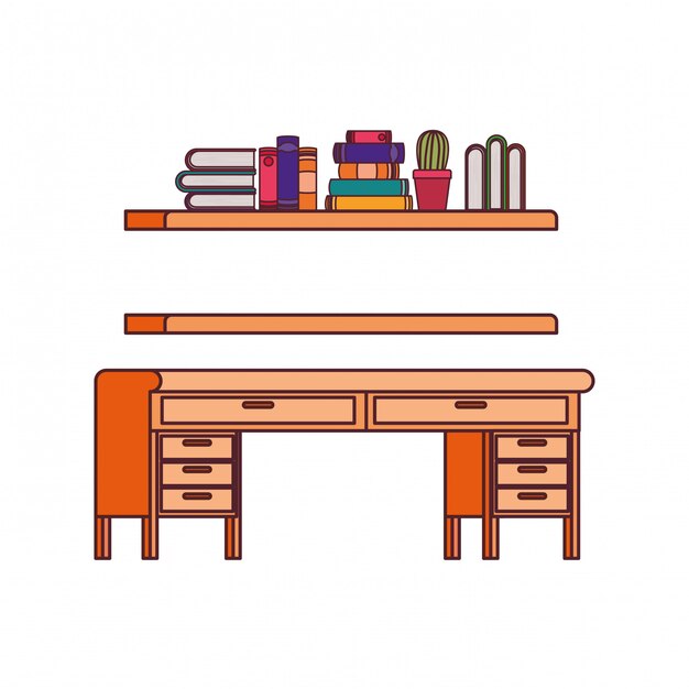 Desk and shelving with stack of books 