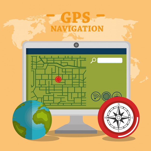 Free Vector desktop computer with gps navigation software