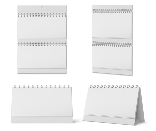 Desktop and wall calendars with spiral and blank pages isolated on white background. realistic mockup of white paper calender, office planner or notepad standing on table or hanging on wall