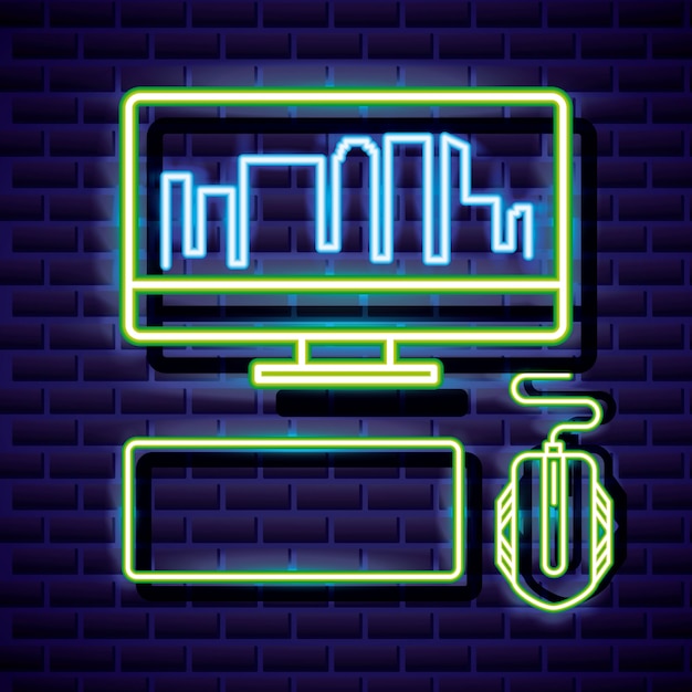 Free Vector desktop with skyline, keyboard and mouse, video game neon linear style