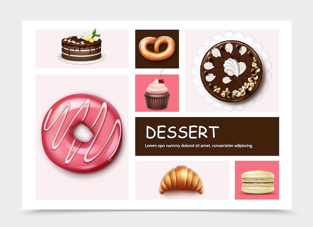 Free Vector desserts and cakes infographic template with pie donut cupcake macaroon croissant pretzel in realistic style  illustration