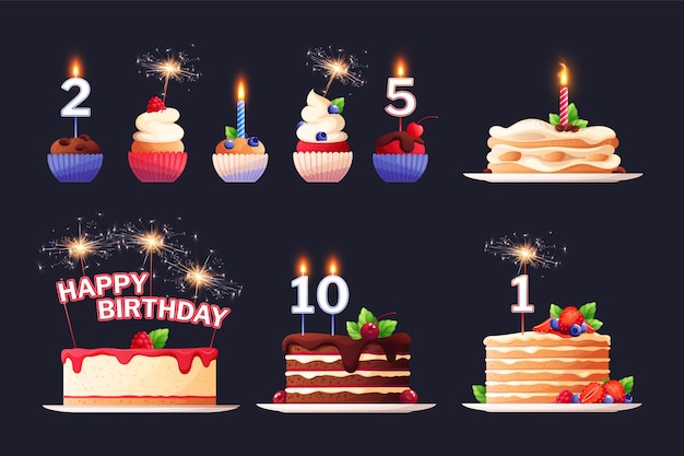 Free Vector desserts flat set of birthday cakes and cupcakes with various toppings candles bengal lights isolated on black background vector illustration