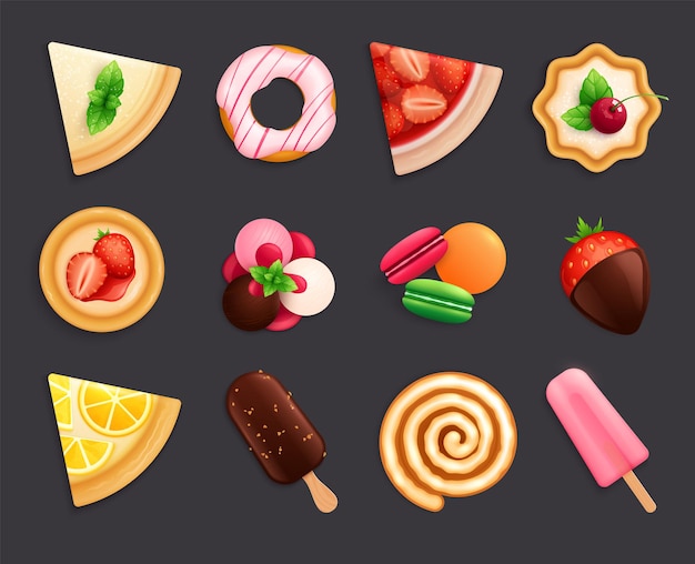 Desserts sweets top view set flat black background lemon pie donut macaron ice cream realistic illustration