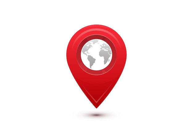 Free vector destination concept. international travel journey. red pointer with grey world map inside.