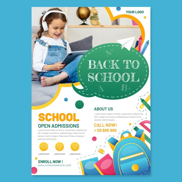 Detailed back to school vertical flyer template with photo