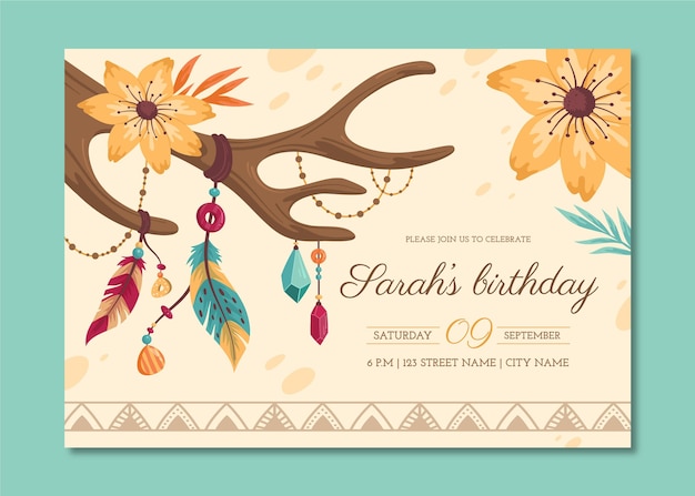 Free vector detailed boho birthday invitation template