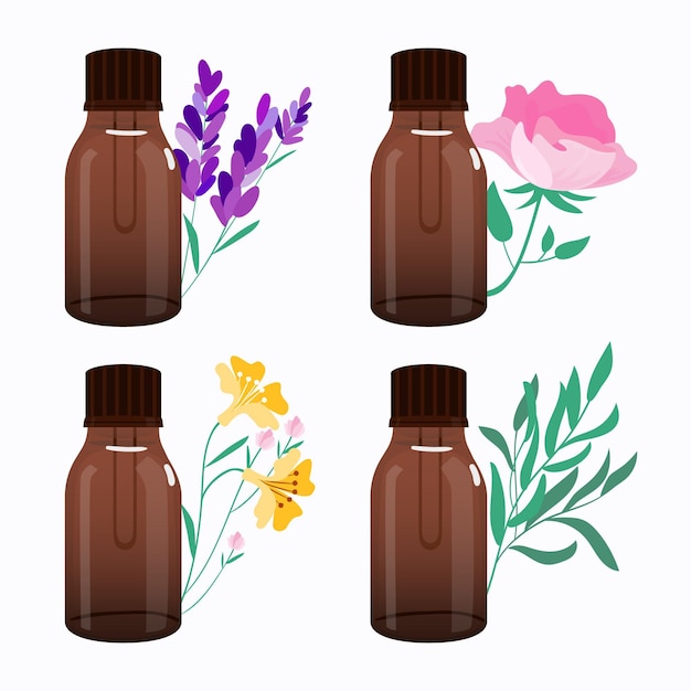 Detailed essential oil herb collection with bottles