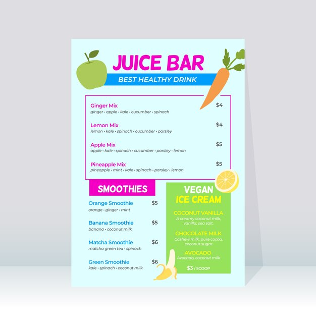 Detailed healthy food restaurant menu