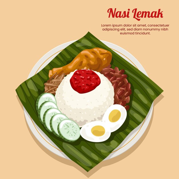 Detailed nasi lemak food illustrated