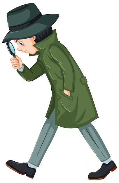 Detective in green overcoat with magnifying glass