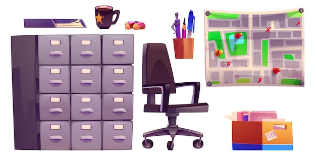 Free vector detective office interior furniture and elements