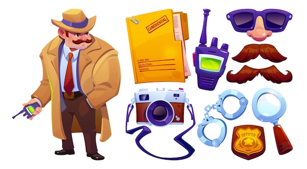 Free Vector detective spy in hat inspector equipment icon set