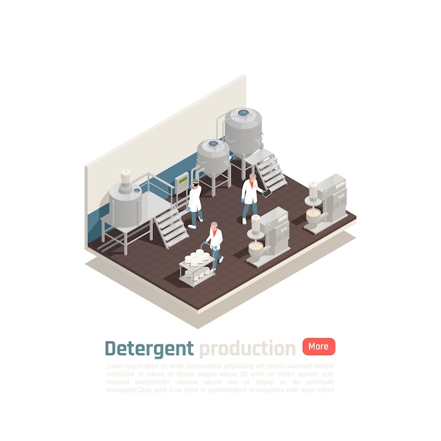 Free vector detergent production isometric composition with staff  in white uniform controlling working process on cosmetics factory