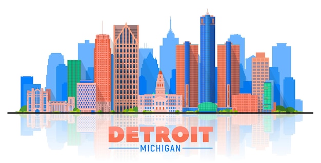 Free Vector detroit michigan usa city skyline vector illustration on white backgroundbusiness travel and tourism concept with modern buildings image for presentation banner web site