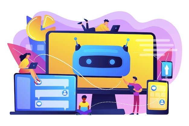 Free Vector developers building, testing and deploying chatbots on platforms. chatbot platform, virtual assistant development, cross-platform chatbot concept. bright vibrant violet  isolated illustration