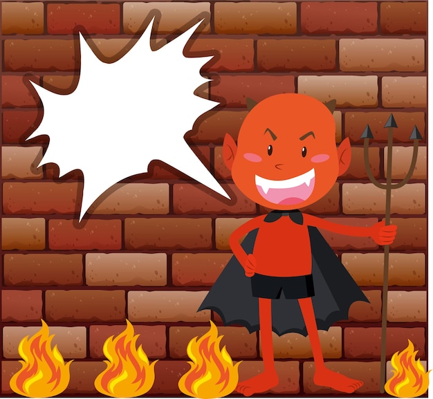 Devil and fire in front of brick wall