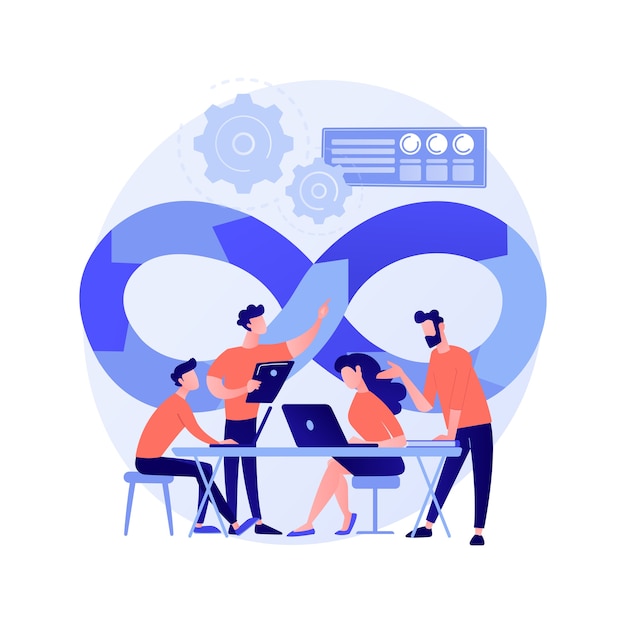 DevOps team abstract concept vector illustration. Software development team member, agile workflow, DevOps team model, IT teamwork, project management, integrated practice abstract metaphor.