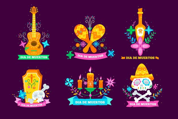 Dia de muertos badge collection in flat desgin