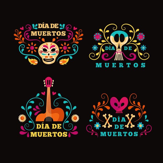 Dia de muertos badge collection in flat desgin