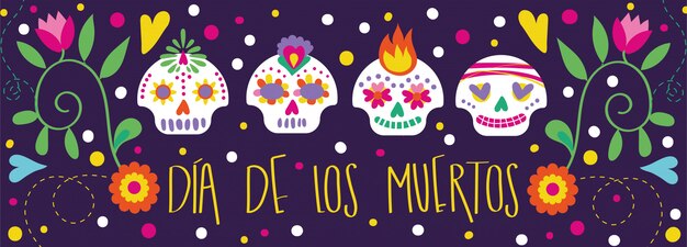 Dia de muertos card with calligraphy and skulls floral decoration