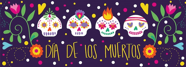 Dia de muertos card with calligraphy and skulls floral decoration