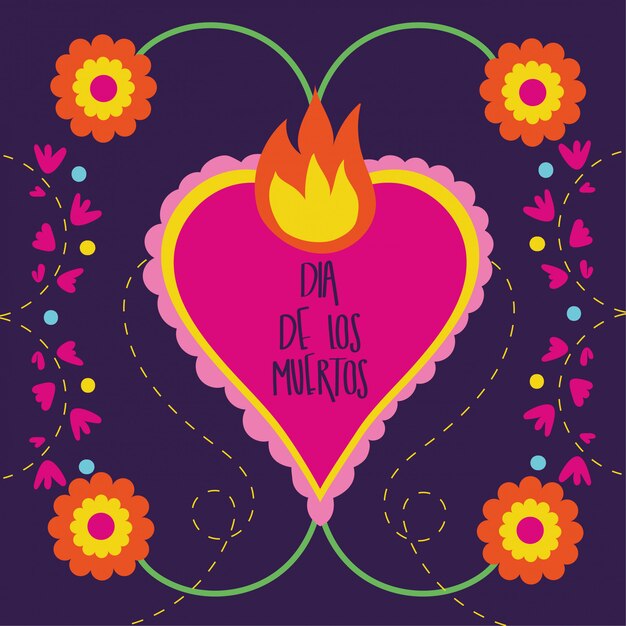 Dia de muertos card with heart flame and flowers