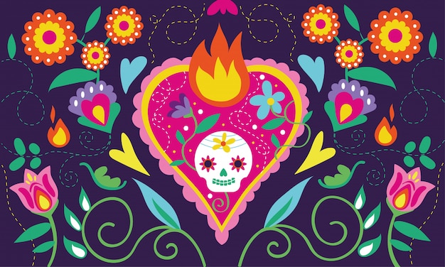 Dia de muertos card with heart skull and floral decoration