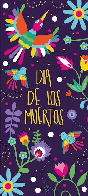 Dia de muertos card with lettering and birds floral decoration