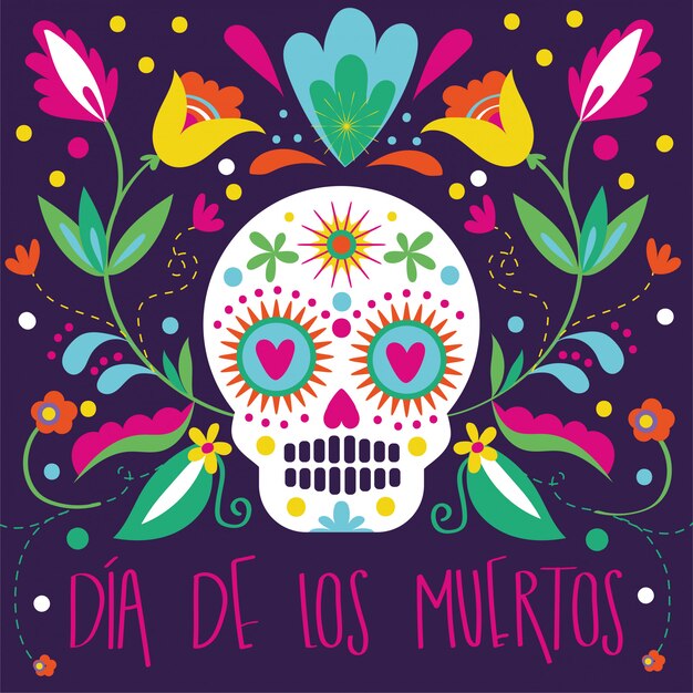 Dia de muertos card with skull and floral decoration