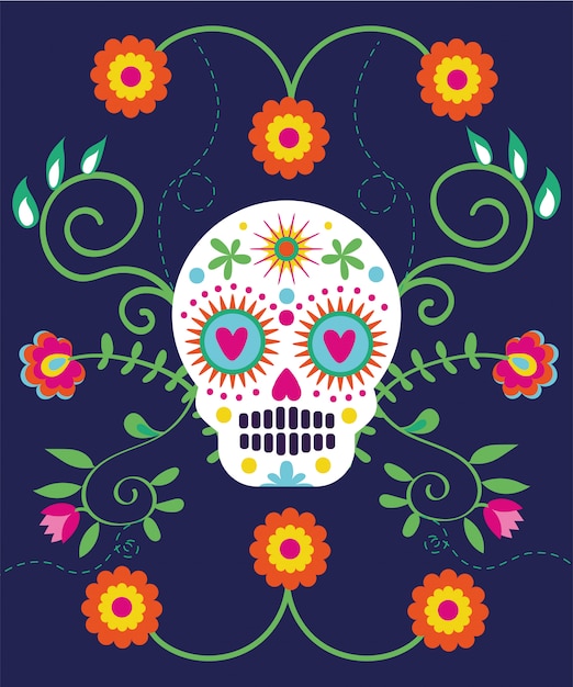 Dia de muertos card with skull and flowers