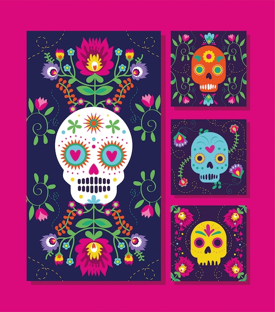 Dia de muertos cards with skulls and flowers