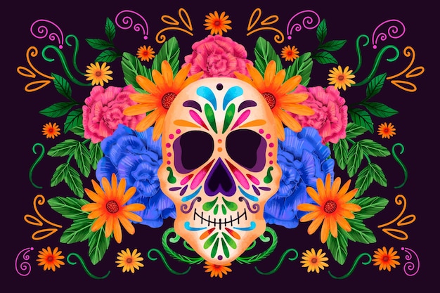 Dia de muertos front view skull with flowers background