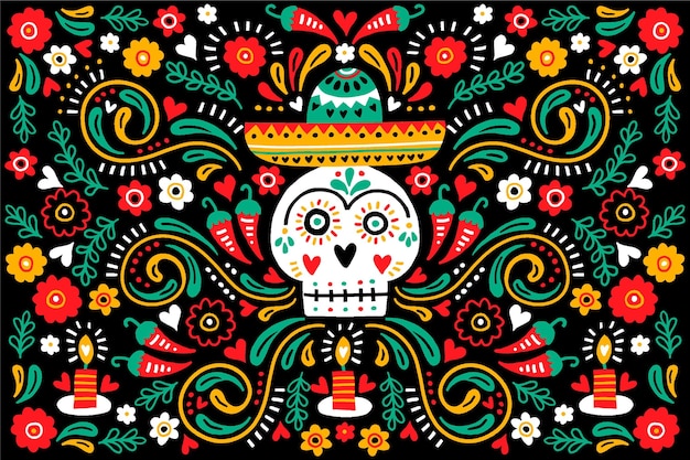 Free Vector dia de muertos front view skull with sombrero background