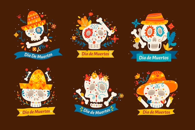 Dia de muertos label collection in flat desgin