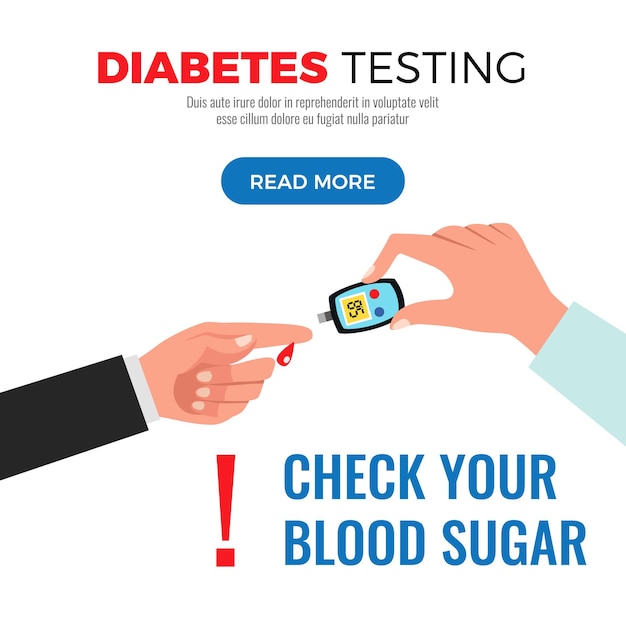 Free Vector diabetes testing information on checking blood sugar with glucose meter procedure web page flat design illustration