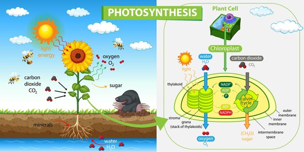 Diagram showing process of photosynthesis in plant