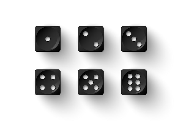 Dice game black cubes with white dots 3d realistic gambling objects to play in casino dice from one to six dots and rounded edges design isolated on white background