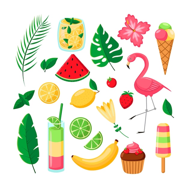 Free Vector different beach party elements vector illustrations set. collection of drawings of cocktails, fruit, flamingo, flowers. summer holiday, decoration, nature, paradise, food concept for greeting card