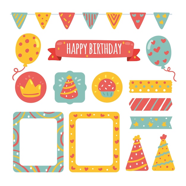 Different birthday decorative scrapbook elements set