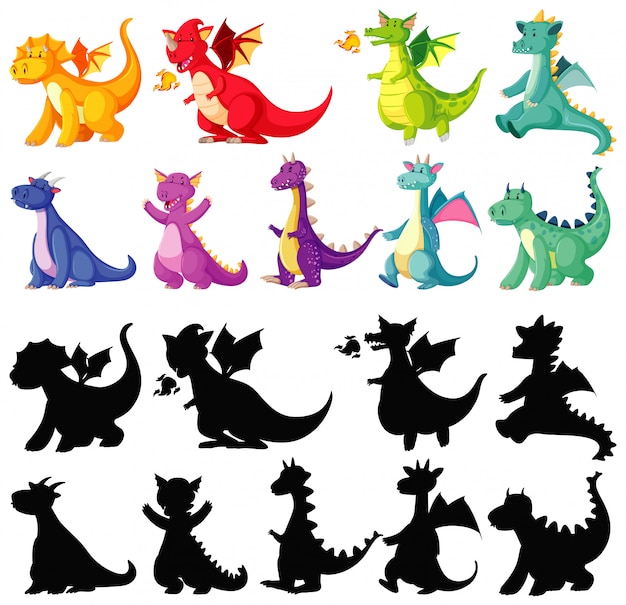 Free Vector different color of dragon in color and silhouette in cartoon character on white background