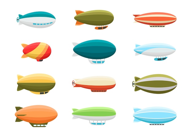 Free Vector different colorful airships vector illustrations set. collection of retro zeppelins or dirigibles, passenger air ships isolated on white background. transportation, tourism, aviation industry concept