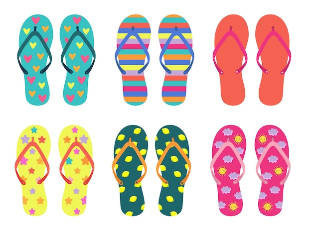 Free Vector different colorful flip flops flat vector illustrations set. rubber slippers with different graphic patterns for walking in street or on beach on white background. footwear, shoes, summer concept