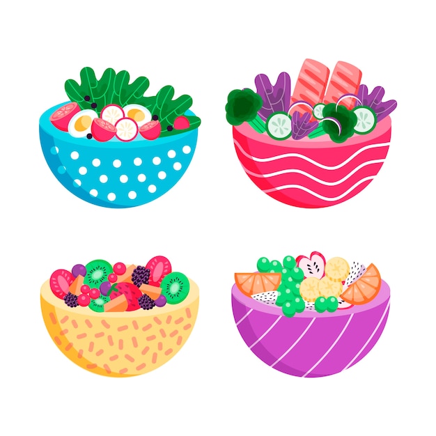 Free Vector different colours of bowls filled with healthy food