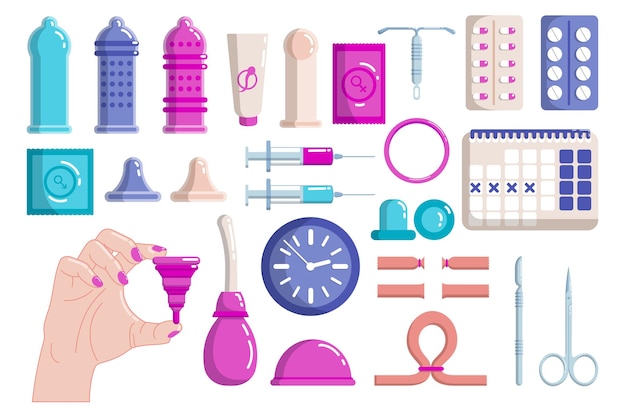 Different contraceptives flat vector illustrations set