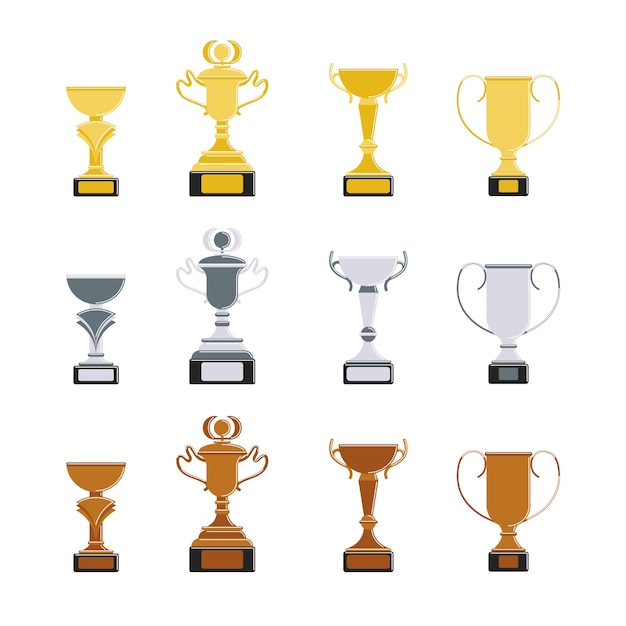 Free vector different cups set on white background golden silver and bronze trophies